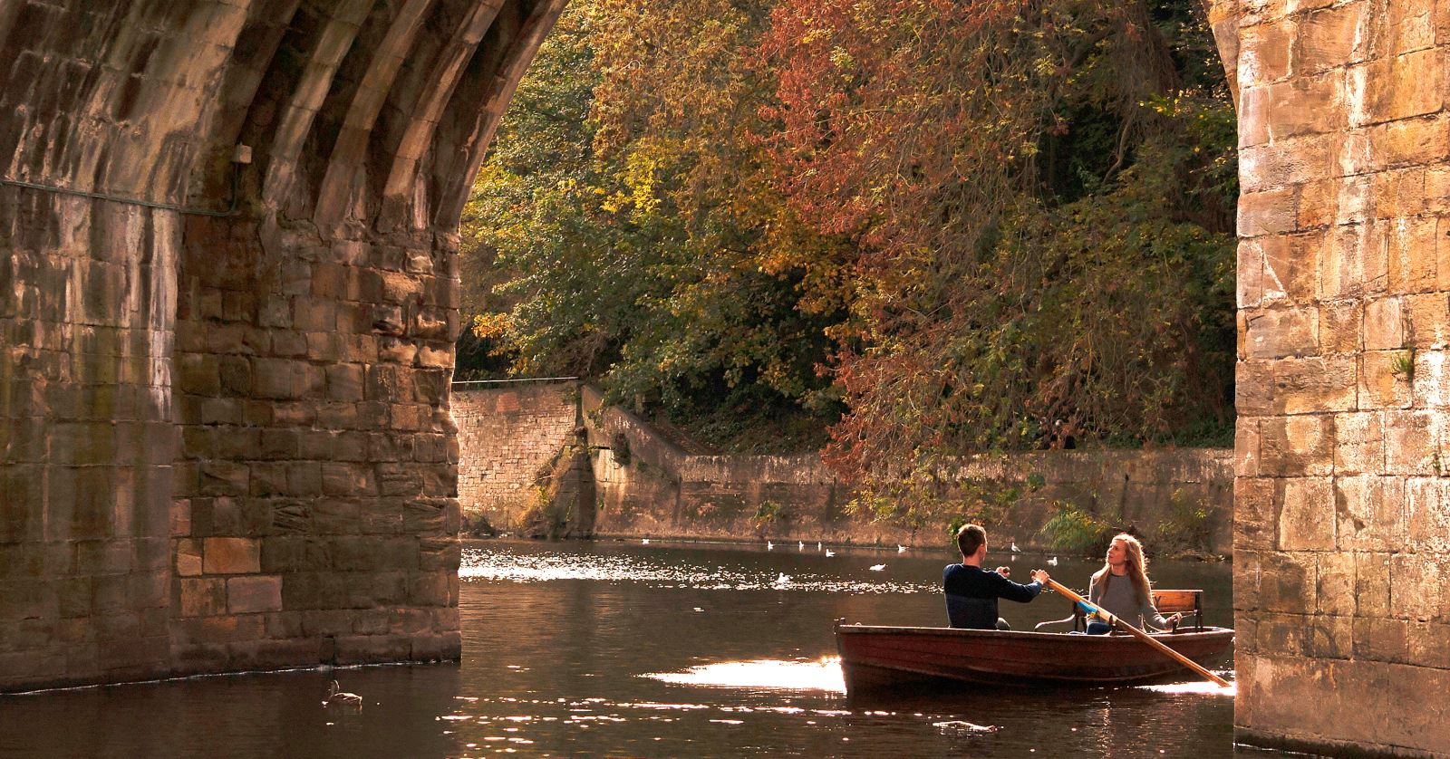 couple rowing boat in River Wear in Durham City